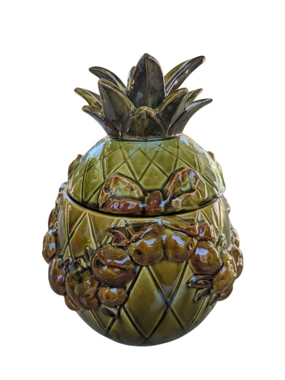 Pineapple Ceramic Cookie Jar With Fruit Embossed Design - Green & Brown Decorati